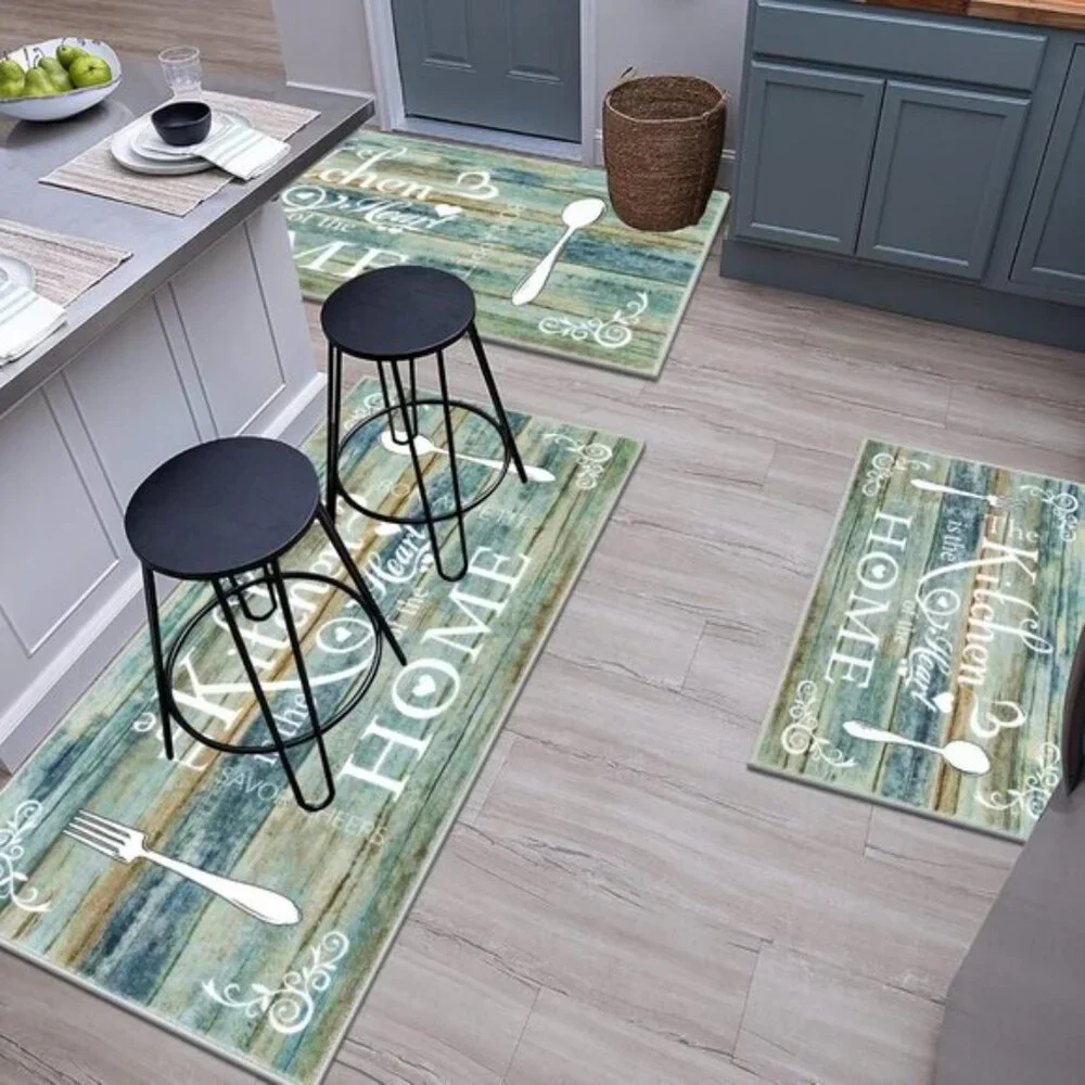 New 3-Piece Boho Kitchen Rug Set, Washable, Non-Slip Mats for Floor, Teal/Brown